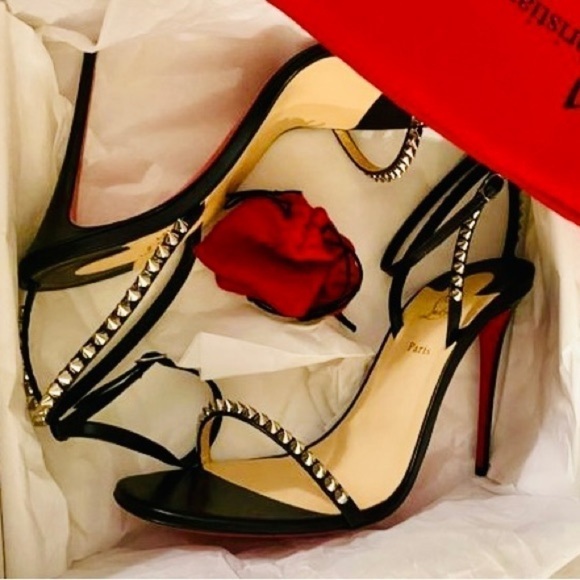 CHRISTIAN Louboutin Mafaldina 100mm silver spikes sandals EU38.5 Napa black lthr - Picture 2 of 12